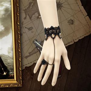Vintage Black Floral Lace Bracelet, Gothic Black Rose Bracelet, Cheap Wristband, Gothic Black Lace Bracelet, Victorian Black Lace Bracelet, Retro Black Floral Lace Wristband, Lace Bracelet with Ring, #J18066