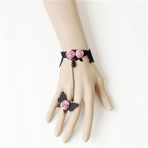 Vintage Lace Bracelet, Gothic Rose Bracelet, Cheap Wristband, Gothic Black Lace Bracelet, Victorian Floral Lace Bracelet, Retro Black Floral Lace Wristband, Bracelet with Ring, #J18105