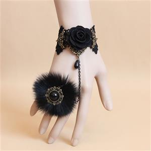 Vintage Lace Bracelet, Gothic Rose Bracelet, Cheap Wristband, Gothic Black Lace Bracelet, Victorian Floral Lace Bracelet, Retro Black Floral Lace Wristband, Bracelet with Ring, #J18096