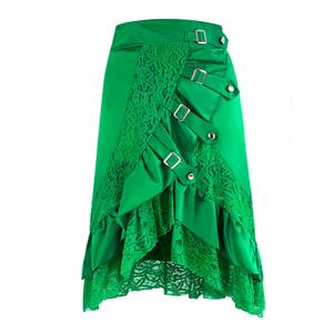 Vintage Asymmetry Lace Skirt, Gothic Punk Lace Patchwork Skirt, Green Gothic Slim Fit Skirt, Steampunk Theme Party Skirt, Halloween Costume Skirt, Buckle Decoration Retro Skirt, #N16356