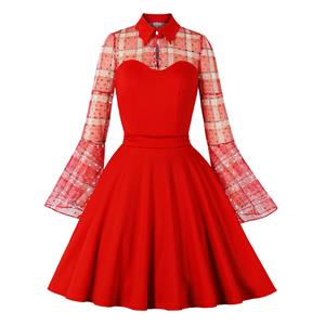 Round Dot Grid Party Dress,Lapel Party Dress,Vintage Flare Sleeve Swing Dresses,A-line Cocktail Party Swing Dresses,Retro Red Dress,Flare Sleeve Stitching Day Dress,Retro Long Sleeve Red Dress #22471