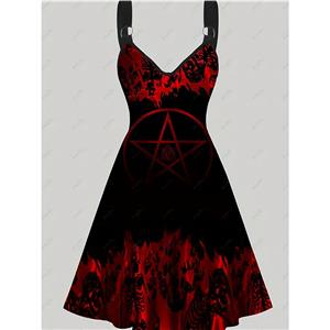 Fashion Party Cosplay Dress, Fashion Casual Lady Dress, Fashion Midi Dresses for Women, Sleeveless Midi Dress, V Neck Halloween Midi Dress, Gothic V Neck Star Printed Spaghetti Straps High Waist Halloween Midi Dress,#N23134