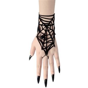 Gothic Spiderweb Hand Chain - Halloween Finger Jewelry with Black Spider Charm and Adjustable Fit J237834