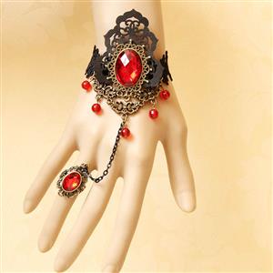 Victorian Gothic Style Bracelet, Gothic Bracelet for Women, Gothic Style Lace Bracelet, Cheap Wristband, Vampire Ruby Bracelet, Fashion Vampire Bracelet with Ring, #J17844