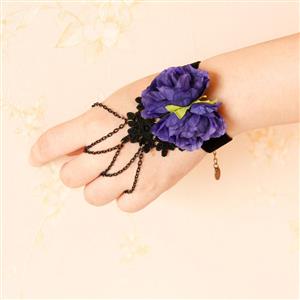 Gothic Bracelet, Gothic Purple Flower  Bracelet, Cheap Wristband, Black Lace  Bracelet, Victorian Bracelet, Gothic Wristband, Bracelet with Ring, #J18056
