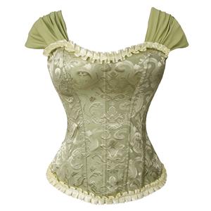 Green bustier, vintage corset, brocade corset, ruffle trim, Baroque style, dance costume, Renaissance wear, lace-up back, theatrical corset, historical costume, metallic brocade, vintage performance wear, puffed sleeve corset, bridal corset, adjustable corset #N237867