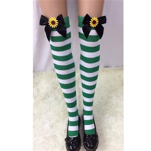 Lovely Stockings, Sexy Thigh Highs Stockings, Green-white Strips Cosplay Stockings, Black  Bowknot with Sunflower Cosplay Thigh High Stockings, Stretchy Nightclub Knee Stockings, #HG18556
