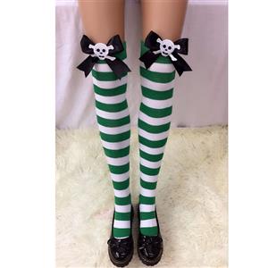 Halloween Stockings, Sexy Thigh Highs Stockings, Green-white Strips Cosplay Stockings, Black Bowknot with Skeleton Cosplay Thigh High Stockings, Stretchy Nightclub Knee Stockings, #HG18561