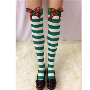 Christmas Stockings, Sexy Thigh Highs Stockings, Green-white Strips Cosplay Stockings, Christmas Color Bowknot Cosplay Thigh High Stockings, Stretchy Nightclub Knee Stockings, #HG18547