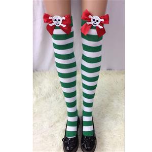 Halloween Stockings, Sexy Thigh Highs Stockings, Green-white Strips Cosplay Stockings, Red Bowknot with Skeleton Cosplay Thigh High Stockings, Stretchy Nightclub Knee Stockings, #HG18560