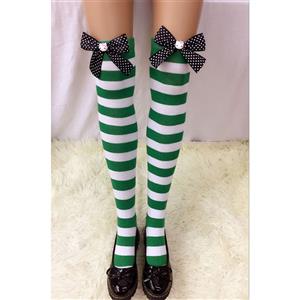 Lovely Stockings, Sexy Thigh Highs Stockings, Green-white Strips Cosplay Stockings, Spots Bowknot with Cartton Cat Cosplay Thigh High Stockings, Stretchy Nightclub Knee Stockings, #HG18559