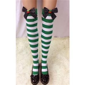 Lovely Stockings, Sexy Thigh Highs Stockings, Green-white Strips Cosplay Stockings, Spots Bowknot with Cherry Cosplay Thigh High Stockings, Stretchy Nightclub Knee Stockings, #HG18558
