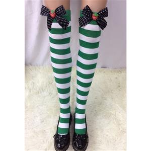 Lovely Stockings, Sexy Thigh Highs Stockings, Green-white Strips Cosplay Stockings, Spots Bowknot with Strawberry Cosplay Thigh High Stockings, Stretchy Nightclub Knee Stockings, #HG18557