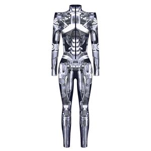 Robot Printed Jumpsuit, Halloween Robot High Neck Slim Fit Bodysuit, Halloween Bodycon Jumpsuit, Long Sleeve High Neck Jumpsuit, Halloween Robot Jumpsuit for Women, #N22324