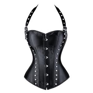 Halterneck Rivet Shaper Corset, Black Satin Corset, Halterneck Rivet Corset, #N5262