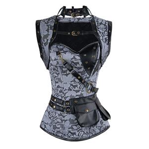 Black Faux Leather and White Lace Corset, Steel Boned Corset with Sleeveless Jacket, Steampunk High Neck Pocket Corset, #N8980