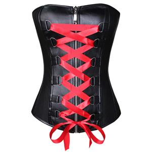 Red Vegan Leather Lace-Up Corset, Red Lace-Up Leather Corset Top, Lace-Up Leather Corset, #N5111