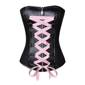 Pink Vegan Leather Lace-Up Corset, Pink Lace-Up Leather Corset Top, Lace-Up Leather Corset, #N5115