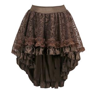 Elegance Lace and Satin Skirt, Black High Low Skirt, Lace and Satin High Low Skirt, Brown Vintage Skirts, Gothic Style Skirts, Asymmetrical Skirts, #HG14930