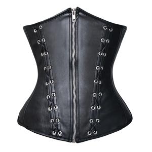 Leather underbust Corset, Black Lace Up Size Corset, Zip Front Underbust Corset, #N6550