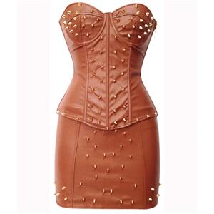 Spiked Leather Corset & Skirt, Spiked Leather Corset Set, Brown Spiked Corset Set, #N6580