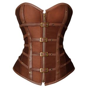 Sexy Zipper Brown Corset, Hot Brown Lace-up Overbust Corset, Strapless Satin and Leather Corset, Buckle Studded Corset, Brown Steampunk Rivet Overbust Corset, Plastic Boned Corset#N22904
