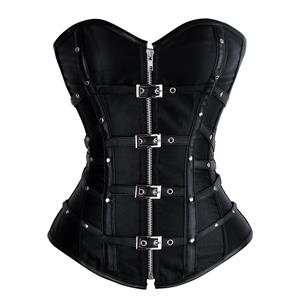 Strapless Satin and Leather Corset, Buckle Studded Corset, Black Steampunk Rivet Overbust Corset, #N9169