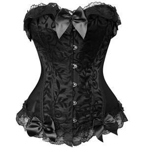 Black Floral Edge Corset, Leaves Lace Brocade Corset, Vines & Black Lace Trim Satin Corset, #N8388