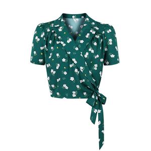 Floral Print Shirt Tops, Lapel Short Sleeve Casual Blouse,Casual Short Sleeve Blouse, Crop Top Shirt,Women Green Floral Print Blouse,Fashion Green Floral Print Shirt ,Summer Loose Shirt , #N21334