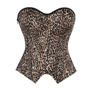 Leopard Print Corset with Side Zipper, Back Lace-Up Bustier, Strapless Waist Trainer for Women N23841