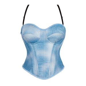 Light blue corset, Back lace-up, Strapless waist trainer, Adjustable back straps, Waist cincher, Figure shaping bodysuit, Vintage corset, Bust support lingerie, Hourglass shapewear, Evening wear corset, Body shaper top, Wedding shapewear, Blue strapless bustier, Adjustable lace-up, Feminine corset top #N23848