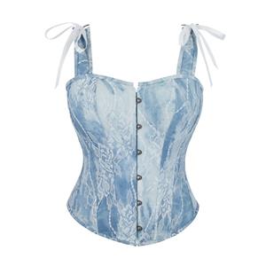 Light Blue Lace Corset Top with Square Neckline, Front Snap Closure & Adjustable Bow Straps N23840