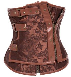 Brown Underbust Corset with Oblong Ring, Double Zipper Steel Bone Underbust Corset, Hot Sale Cheap High Quality Underbust Corset, Steampunk Brocade Underbust Corset,  #N9559