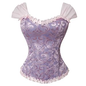 lilac corset, vintage bustier, ruffle shoulder corset, adjustable lace-up, dance corset, floral corset, pink lace trim, performance wear, retro lingerie, theatre costume, feminine bustier, Victorian style corset, elegant bustier, vintage dancewear, lace-up bodice #N237865