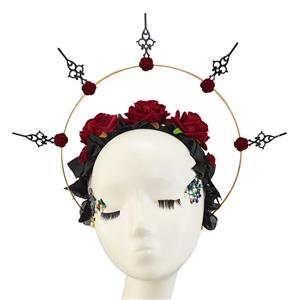 Retro Headwear, Gothic Style Black Headwear, Fashion Black Hair Ornament for Women, Vintage Hair Ornament, Casual Headwear, Gothic Dark Lolita Red Rose Needle RedHeadwear, Halloween Hair Accessories, #J22910