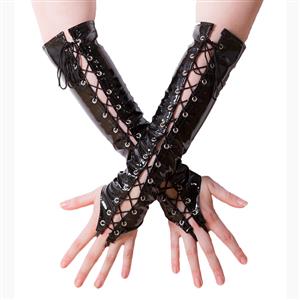 Black PVC Gloves, Sexy Long Lace-up gloves, Long Fingerless Gloves, Party Club Accessory, Lace-up Fingerless Gloves, Black Long Leather Gloves, Cosplay Costume Accessory, #HG17495