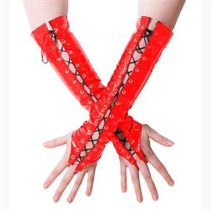 Red PVC Gloves, Sexy Long Lace-up gloves, Long Fingerless Gloves, Party Club Accessory, Lace-up Fingerless Gloves, Red Long Leather Gloves, Cosplay Costume Accessory, #HG17496