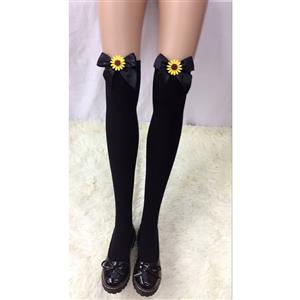 Lovely Black Stockings, Sexy Thigh Highs Stockings, Pure Black Cosplay Stockings, SunflowerThigh High Stockings, Black Bowknot Stocking, Stretchy Nightclub Knee Stockings, #HG18467