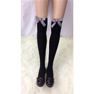 Lovely Black Stockings, Sexy Thigh Highs Stockings, Pure Black Cosplay Stockings, Strawberry Thigh High Stockings, Black Grid Bowknot Stocking, Stretchy Nightclub Knee Stockings, #HG18478