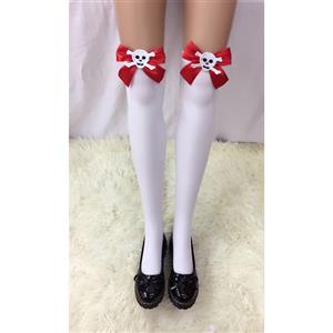 Cute White Stockings, Sexy Thigh Highs Stockings, Pure White Cosplay Stockings, Anime Thigh High Stockings, Red Bowknot and Skull Stockings, Stretchy Nightclub Knee Stockings, #HG18525