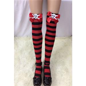 Halloween Stockings, Sexy Thigh Highs Stockings, Red-black Strips Cosplay Stockings, Red Bowknot with Skeleton Cosplay Thigh High Stockings, Stretchy Nightclub Knee Stockings, #HG18539