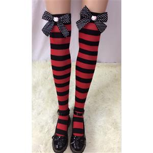 Lovely Stockings, Sexy Thigh Highs Stockings, Red-black Strips Cosplay Stockings, Spots Bowknot with Cartton Cat Cosplay Thigh High Stockings, Stretchy Nightclub Knee Stockings, #HG18538