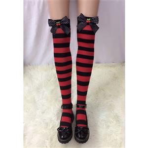 Lovely Stockings, Sexy Thigh Highs Stockings, Red-black Strips Cosplay Stockings, Spots Bowknot with Cherry Cosplay Thigh High Stockings, Stretchy Nightclub Knee Stockings, #HG18537