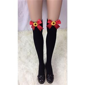 Lovely Black Stockings, Sexy Thigh Highs Stockings, Pure Black Cosplay Stockings, Sunflower  Thigh High Stockings, Red Bowknot Stocking, Stretchy Nightclub Knee Stockings, #HG18466