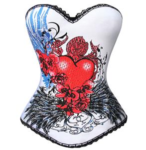 Magic Printed Rhinestone Corset, White and Black Overbust Corset, Heart and Floral Print Overbust Corset, Elastic Body Shaper Corset, #N5176