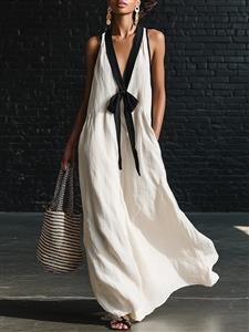 linen maxi dress,black trim dress,white sleeveless dress,minimalist dress,flowy long dress,beach dress,resort wear,deep v-neck dress,bow detail dress,loose fit dress,breathable fabric dress,casual summer dress,elegant white dress,side pocket dress,contrast trim dress #N23898