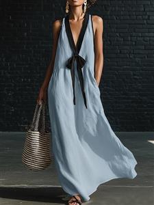 linen maxi dress,black trim dress,white sleeveless dress,minimalist dress,flowy long dress,beach dress,resort wear,deep v-neck dress,bow detail dress,loose fit dress,breathable fabric dress,casual summer dress,elegant white dress,side pocket dress,contrast trim dress #N23899