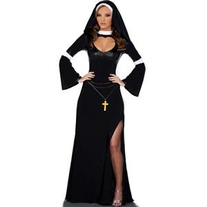 Catholic Monk Costume, Naughty Nun Bad Habit Costume, Arabian Black Long Gown Nun Costume, #N8544