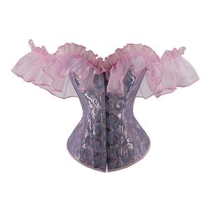 Gothic Blue Pink Plastic Boned Ruffles Off-shoulder Strapless Body Shaper Overbust Corset N22699