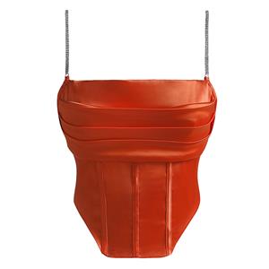 corset top, satin-like top, orange corset, rhinestone straps, back zipper top, non-leather top, structured bodice, waist-cinching top, party top, edgy fashion, y2k style, night out top, trendy crop top, feminine chic, back-zip corset #N23947